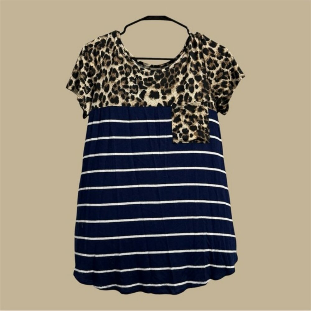 Leopard Yoke Navy Striped Short Sleeve Tee size M